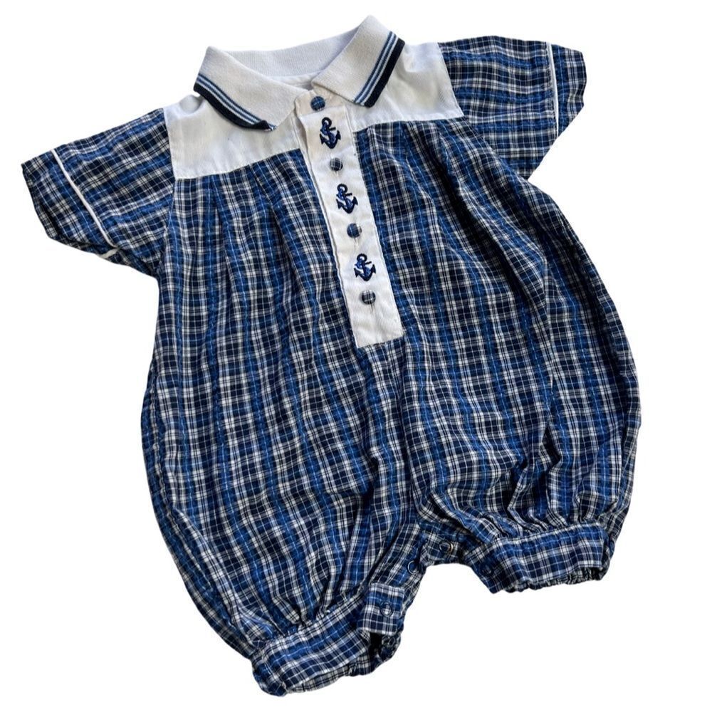 Preppy Vintage 1990s Plaid Nautical Embroidered Polo Bubble Playsuit